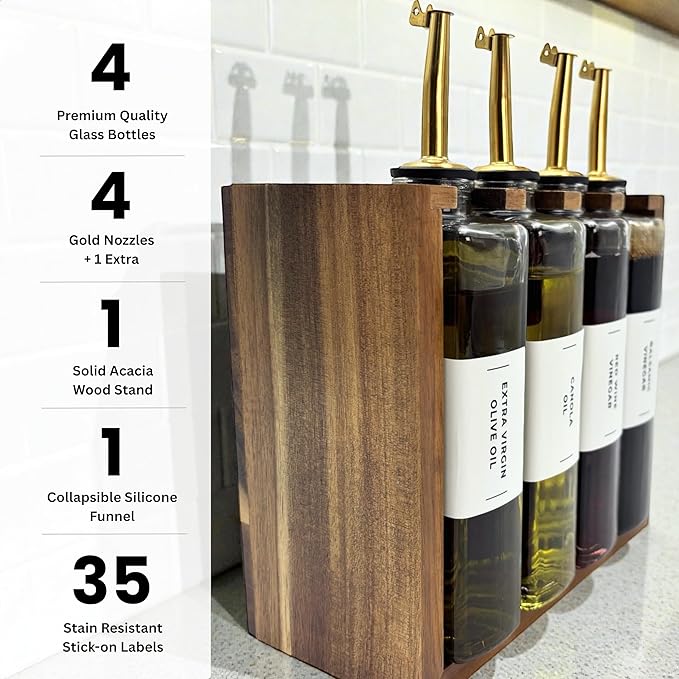 The Oil Library | Glass Oil & Vinegar Bottles with 100% Acacia Wood Stand | 4 Containers, 5 Gold Nozzles & 35 Stain-Resistant Labels | Countertop Display Set