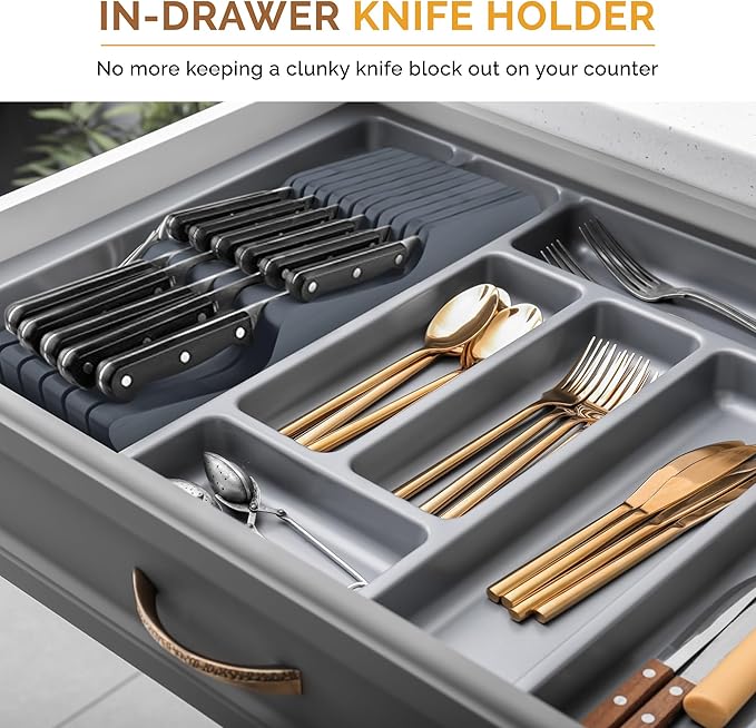 Knife Drawer Organizer - Bamboo Knife Block In Drawer, Kitchen Knife Organizer for Drawer, Holds 5 Long + 6 Short Knives, Blade Safe Storage, Wooden Steak Knife Holder, Gray