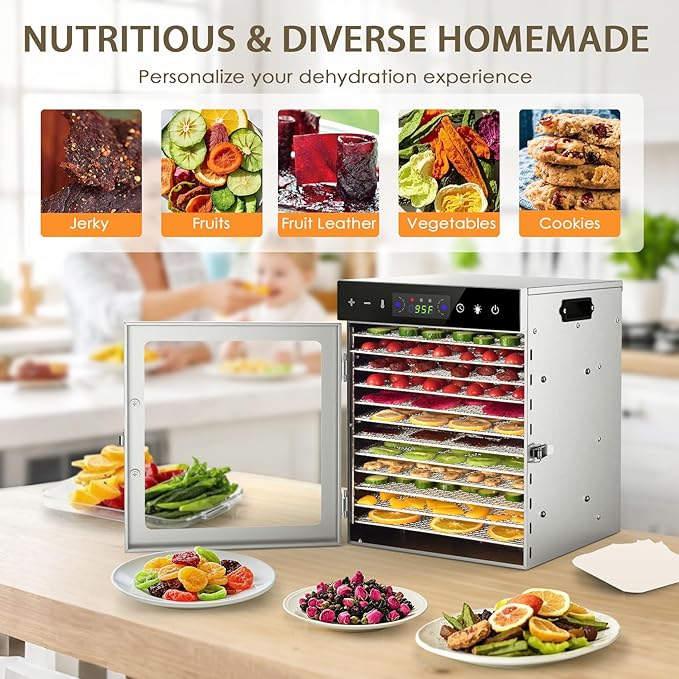 HOPERAN Food Dehydrator Machine with 12 Stainless Steel Trays – Digital Timer & Adjustable Temp Control for Jerky, Herbs, Fruits | Overheat Protection, BPA-Free, Includes Recipe Book