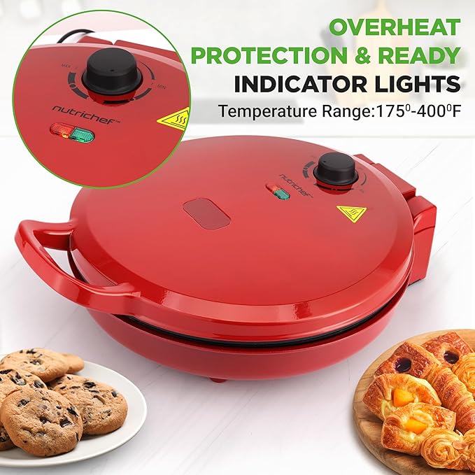 NutriChef Countertop Pizza Maker | 1500W Non-Stick Electric Pizza Cooker | Make 12" Personal Pizzas, Eggs, Toast & More | Cool-Touch Handles, Compact & Space-Saving | Temp Range 175-400°F | Red