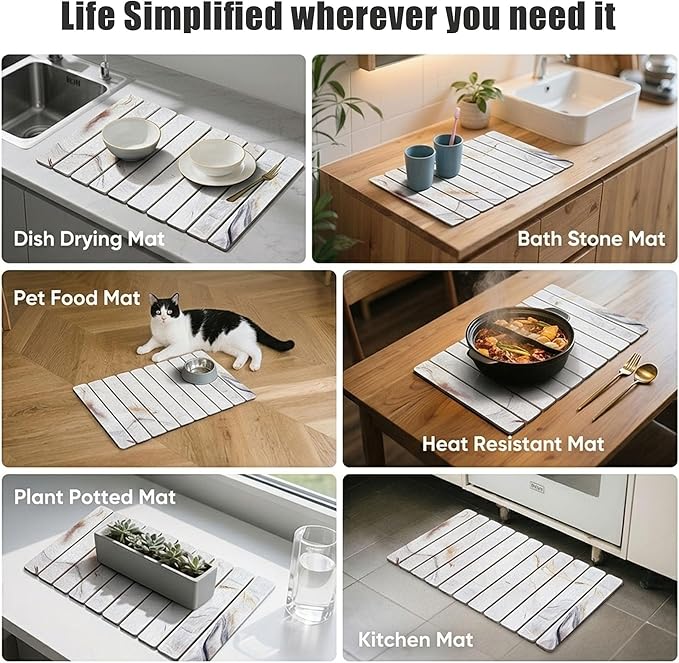 Stone Drying Mat for Kitchen Counter, Quick Diatomaceous Earth Mats for Dishes, 23.6"L x 15.7" W Super Absorbent Fast-Drying Collapsible Countertop Stone Mat (Marble White-05, 24" x 16")
