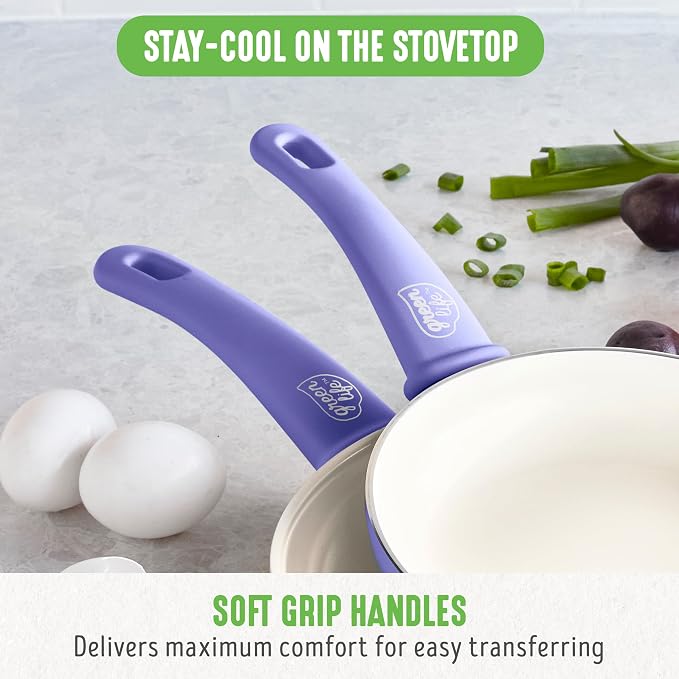 GreenLife 16 Piece Nonstick Cookware Set, Soft Grip Non-Toxic PFAS-Free Ceramic Pots & Pans, Dishwasher & Oven Safe, Frying, Sauce, Utensils, Glass Lids, Stay-Cool Handles, Wobble Free, Periwinkle
