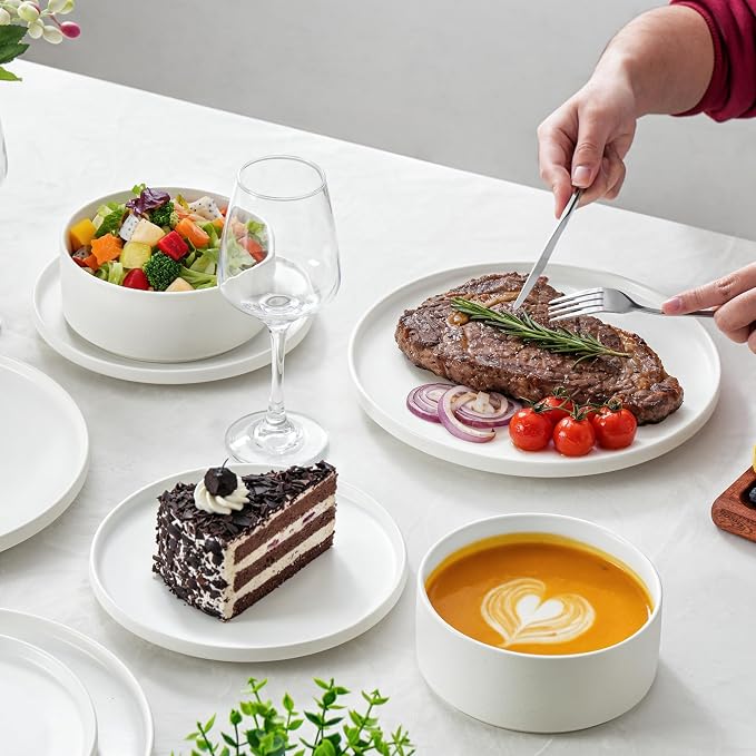 12 Piece Ceramic Plates and Bowls Sets for 4, Modern White | Stoneware Dinnerware Set, Dishwasher & Microwave Safe, Handcrafted, Perfect for Family and Gatherings
