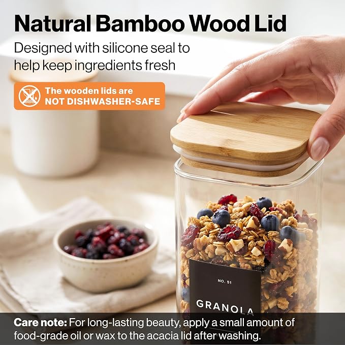 EDELHAUS Glass Storage Containers with Lids - Canister for Pantry Food | Bamboo Lids Black Labels Set of 5 - cereal flour sugar rice coffee tea spice pasta noodles dry goods 54 pre-printed labels