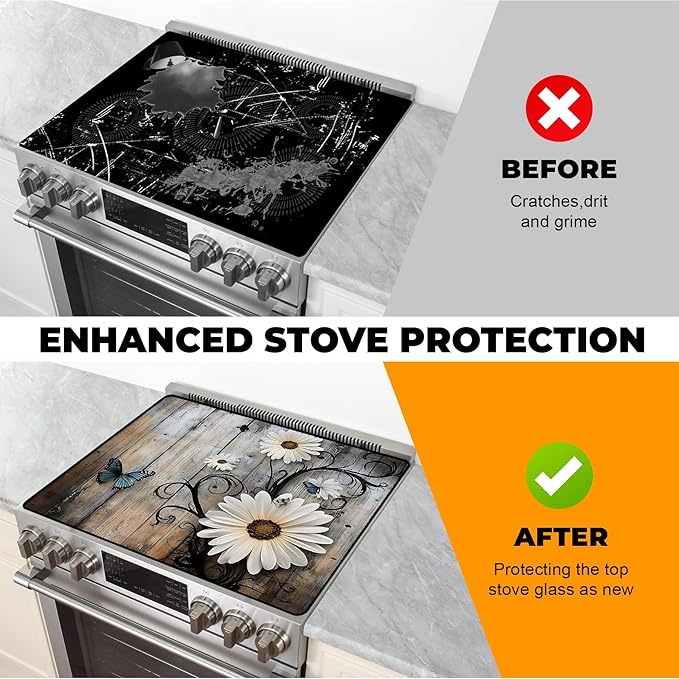 Heat-Resistant Glass Stove Top Cover with Anti-Slip Rubber Coating – Electric Stove Protector, Scratch-Resistant, Expands Counter Space, Stylish Kitchen Decor (Daisy)