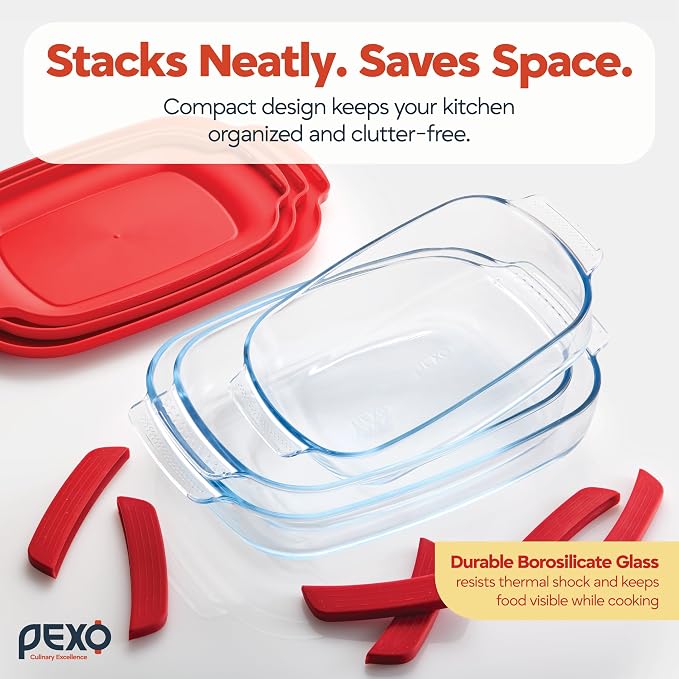 6-Piece Deep Glass Baking Dishes with Plastic Lids, Clear Glass Bakeware with Silicone Handles, (2.11QT, 3QT, 4.12QT) Casserole Dishes, Oven Dishwasher and Freezer safe, Rectangular Stackable Nesting Baking Dish set (Red)
