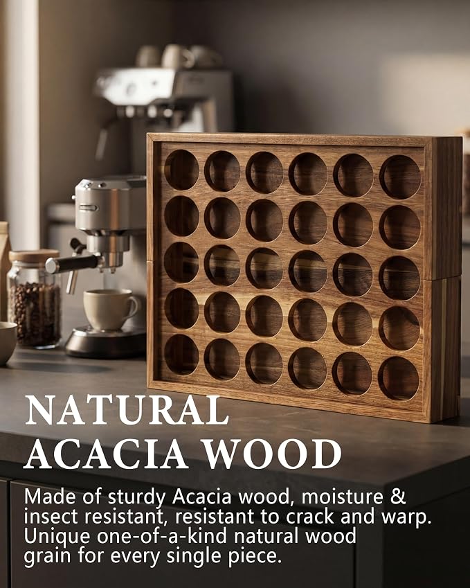 Acacia Wood Coffee Drawer Organizer, 35 Slot K Cup Drawer Organizer, Expandable Coffee Pod Drawer Organizer with Side Pull Out Tea Bag Holder for K Cups and Pods