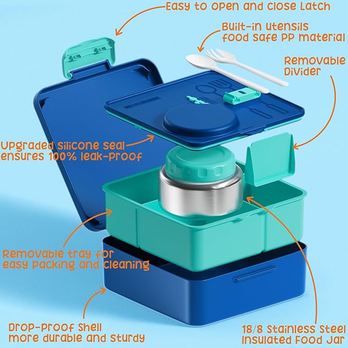 Fimibuke Kids Bento Lunch Box with Thermo, Leakproof Toddler Bento Box with 8.5OZ Insulated Food Jar, Lunch Bag & Utensils BPA Free Dishwasher Safe 3 or 4 Compartment Container for School Girls Boys