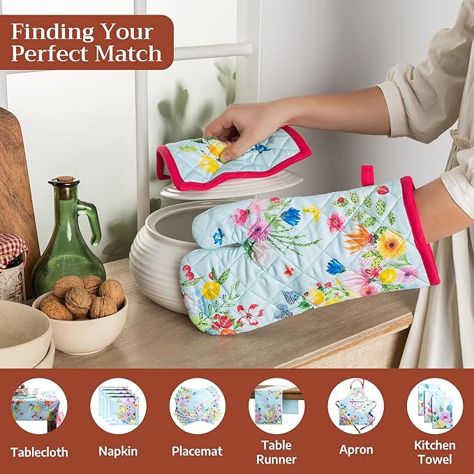 Maison d' Hermine Pot Holders 100% Cotton Heat Resistant Potholders 8" x 8" Hot Pads with Loop BBQ Baking Gifts for Mothers Day Handling Hot Pans Spring/Summer (Pack of 1, Jardin D'Ete - Mint)
