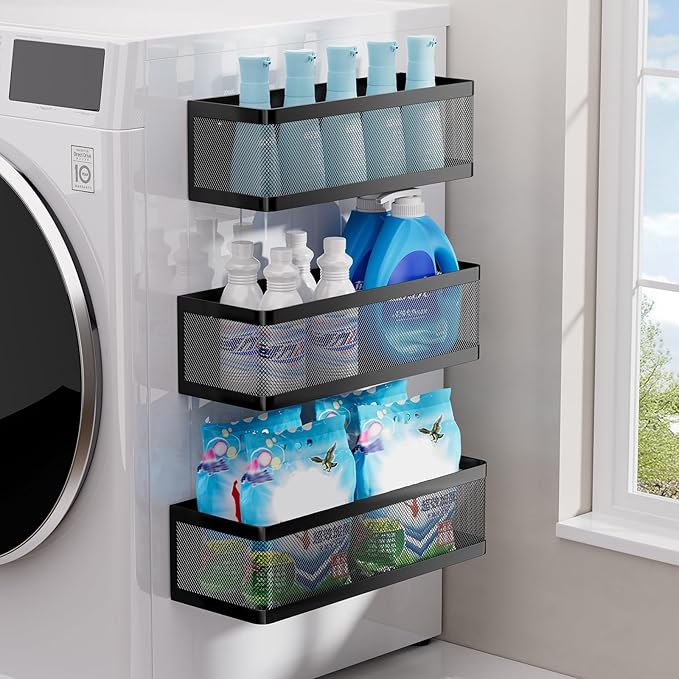 3 Pack Magnetic Shelves for Washing Machine, Strong Hold Black Magnetic Baskets, Multipurpose Magnetic Laundry Organizer & Spice Rack for Refrigerator, Ideal Laundry Room Organization and Storage