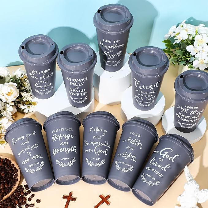 Skylety 20 Pack Bulk Christian Gifts for Men Women 16oz Reusable Bible Verse Tumbler Plastic Coffee Cup with Lid Inspirational Religious Church Gift for Teacher Graduation Party Favor (Gray)