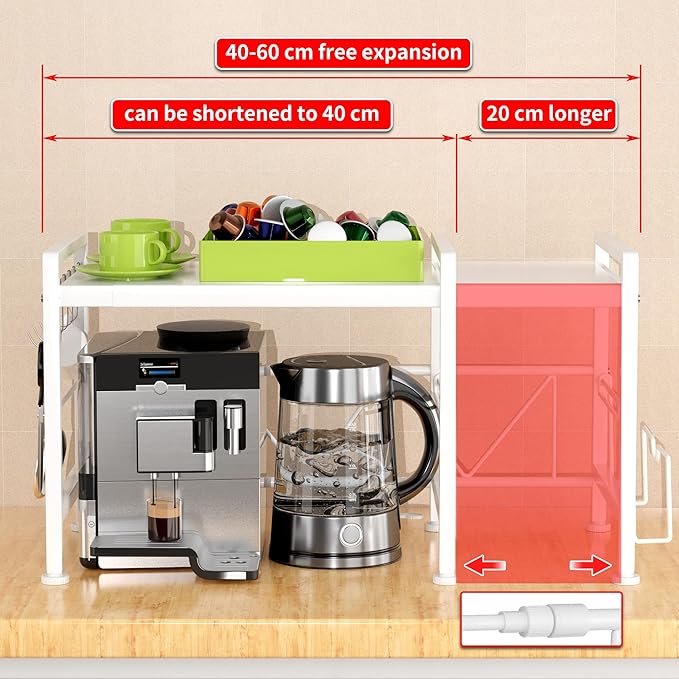 YIUKEA Extendable Microwave Oven Rack - Adjustable Kitchen counter shelf, 2 Tier Microwave Stand (L15.7~23.6" xW12.8 xH17.7) with 6 Hooks for Kitchen Countertop Organizer (White)