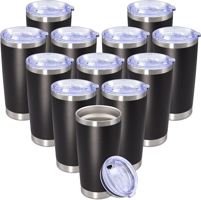 20 oz Tumbler with lid Double Wall Vacuum Insulated Tumblers Stainless Steel Coffee Mug Travel Coffee Tumbler Powder Coated Tumbler Cup Keep Hot&Cold - (Black 12 Pack)