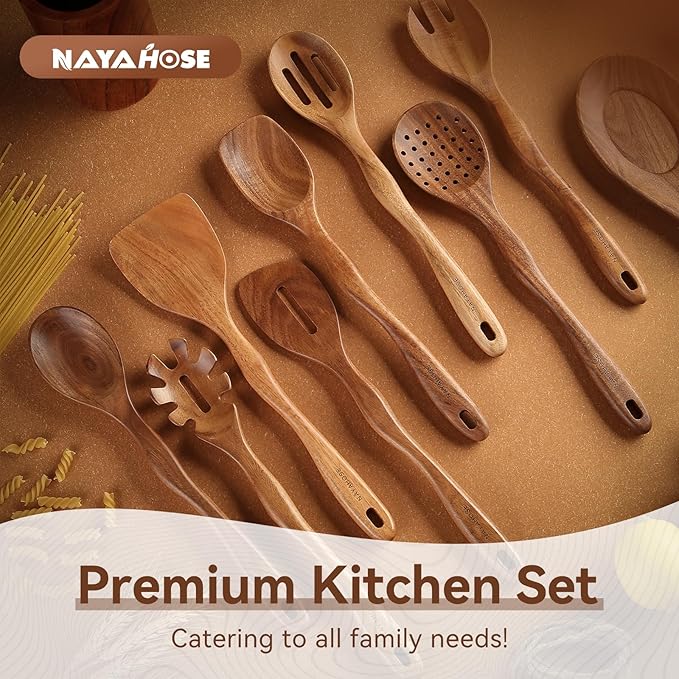 Kitchen 10PCS Teak Wooden Utensils Set With Holder and Spoon Rest | Non-stick, Easy to Clean, Durable, Smooth with Comfort Grip Wooden Spoons for Cooking - Non Toxic Wooden Cooking Utensil