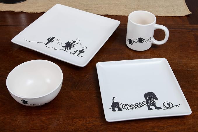 Toy Story 4-Piece Ceramic Dinnerware Set With Scribble Design - Cute Character Line Drawings - Beautiful Glazed White Square Dinner & Salad Plates With 16 Oz. Bowl & 11 Oz. Mug Place Setting