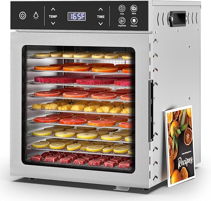 Suteck Food Dehydrator with 10 Stainless Steel Trays, 400W Dehydrator Machine with Dual Fans & 360° Airflow, Digital Temp & Time Control with 4 Presets, Quiet Food Dryer for Jerky, Fruit, Flower, Meat
