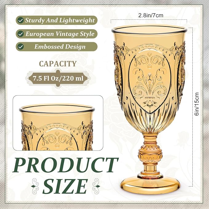 Wiwiqing 48 Pcs Plastic Goblets 7.5oz Vintage Goblet Plastic Wine Glasses Colored Retro Embossed Water Goblets for Wine Bar Juice Baby Shower Wedding Reception Grand Event Party (Amber)