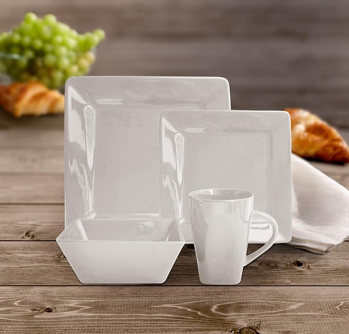 Kingsley Casual Square Dinnerware Set – 16-Piece Stoneware Dinner Party Collection w/ 4 Dinner Plates, 4 Salad Plates, 4 Bowls & 4 Mugs – Unique Gift Idea, White