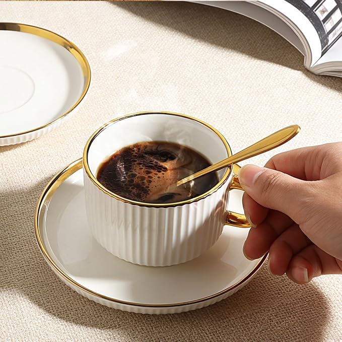 Cappuccino Cups Set of 4, 7oz Espresso Cups Set with Saucers and Sakura Spoons, Gold Trim Ceramic Coffee Tea Cups for Latte, Mocha, Au Lait, Dishwasher & Microwave Safe, Art Deco (Gold Striped/200ml)