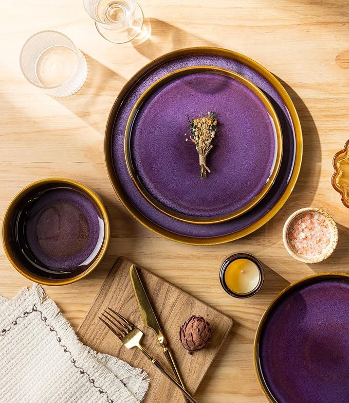 TheTerra Ceramic Dinnerware Sets for 6, 18 Pieces Handmade Reactive Glaze Plates and Bowls Set, Scratch Resistant Dish Set, Oven & Microwave & Dishwasher Safe, Amber Amethyst