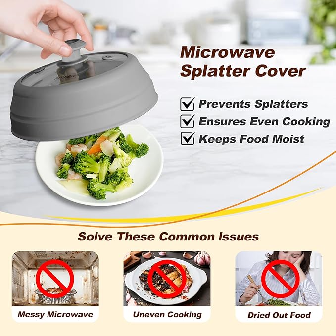Microwave Splatter cover, Glass Microwave Cover for Food, 11.8 inch Guard Lid with Collapsible Silicone for 6-11 inch Plates & Bowls, Dishwasher Safe, 450°F Heat Resistant, BPA-Free, Gray