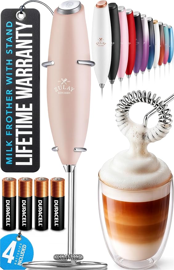 Zulay Kitchen Powerful Milk Frother Wand With 4 AA Duracell Batteries - Ultra Fast Handheld Drink Mixer - Electric Whisk Foam Maker for Coffee, Lattes, Cappuccino, Matcha & Creamer - Pink Salt