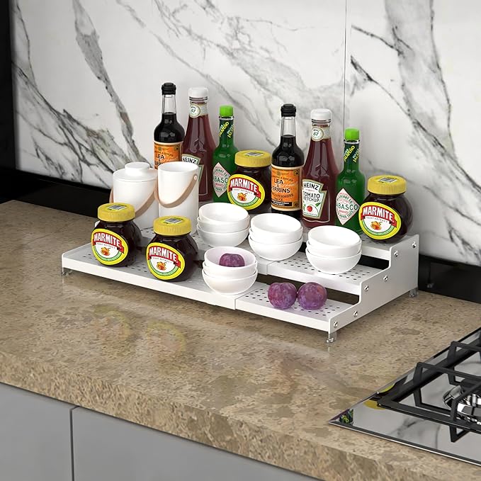 Jojocross Spice Rack Organizer for Cabinet, 3 Tier Expandable Shelf, Great for Kitchen Cabinets, Cupboard,Pantry and More,Metal Plate with Hole (2 Packs/White,9.45" D x 12.8"~24“L x 3.56" H)