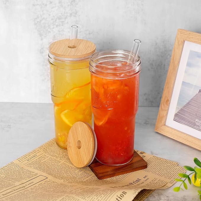 ANOTION Glass Cups with Lids and Straws 2 Packs, 24oz Travel Coffee Mug Wide Mouth Bamboo Mason Jar Iced Coffee Cup Smoothie Cup Glass Tumbler Tea Cup Clear Cute Water Cups Drinking Jars Glasses