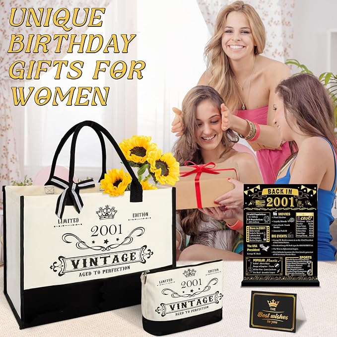 YeohJoy 25th Birthday Gift for Her Canvas Tote Bag Travel Gear, Unique 25 Years Old Birthday Gifts for Girlfriend Daughter Sister Friends Her, Vintage 2001 Handbag & Makeup Bag & 25th Greeting Card