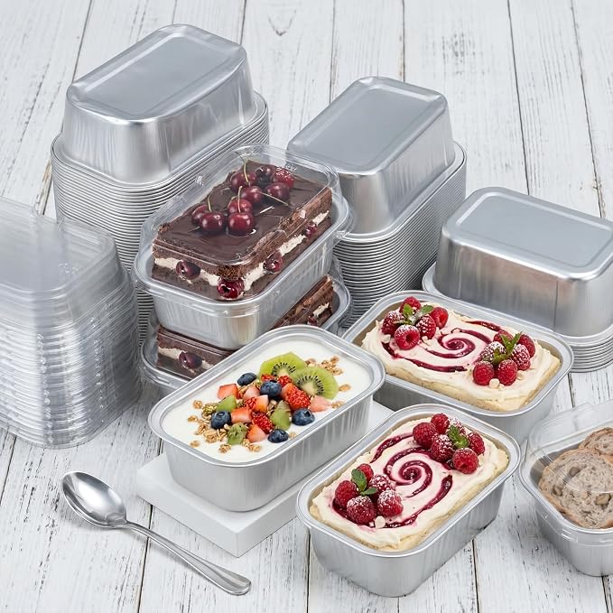Vesici 100 Sets Mini Loaf Pans with Lids, 5.7 oz Disposable Aluminum Foil Baking Cups, Rectangle Cake Pans for Baking Storage Birthday Party(Silver)