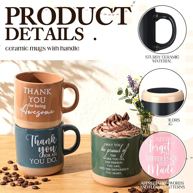 Didaey 10 Pcs Thank You Mugs Bulk Appreciation Gifts for Teachers Cna Week Thank You Gifts in Bulk for Coworkers Employee Office Staff Work Team Inspirational Ceramic Teacher Coffee Mugs