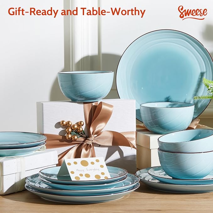 Sweese Porcelain Dinnerware Sets for 6, 18 Pieces Plates and Bowls Sets, Handcrafted Minimalist Dinner Set, Chip and Scratch Resistant Dish Set, Dishwasher & Microwave Safe, Gradient Blue