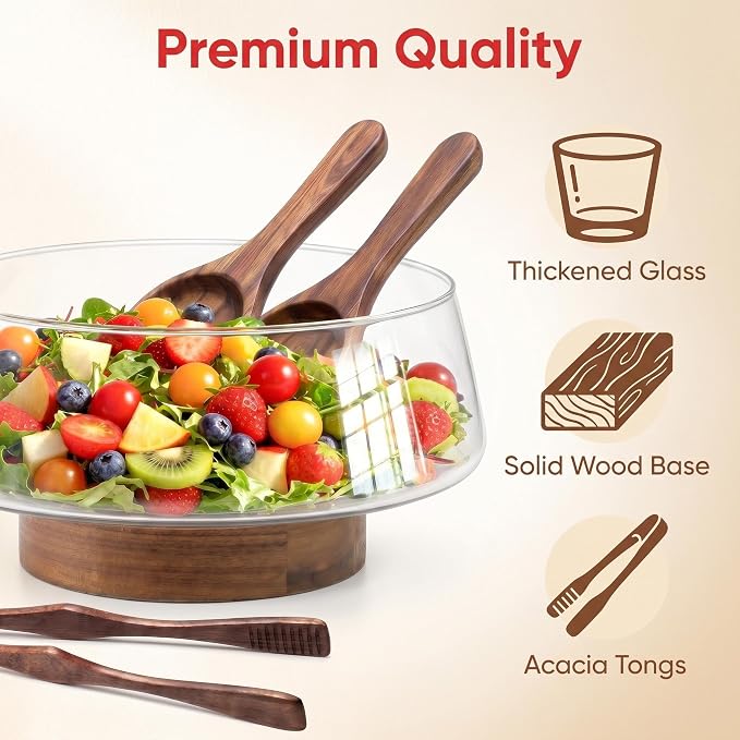 Buybai Extra Large Glass Salad Bowl Set - Party Salad Bowls with Acacia Wood Base and Serving Utensils - Kitchen Must-Have For Fruits Salad Dessert Bread Afternoon Tea Camping (Extra Large)