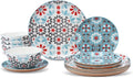 Lorren Home Trends Floral Bone China Dinnerware Set, 12 Piece Service for 4, Blue Red Gray Pattern, Dishwasher Microwave Safe