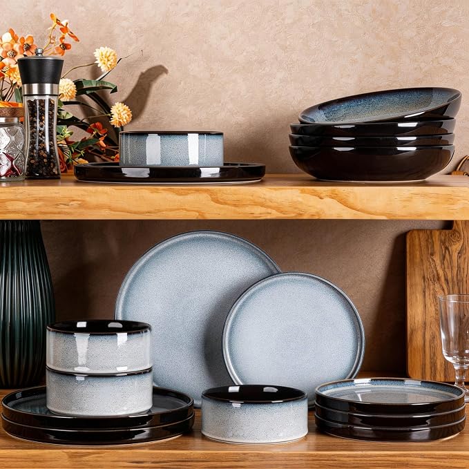 LeRatio Ceramic Dinnerware Sets for 4,Round Reactive Glaze Ceramic Plates and Bowls Set | Dishwasher & Microwave Safe Dishes Set,Service for 4 (12pc)-Gray White