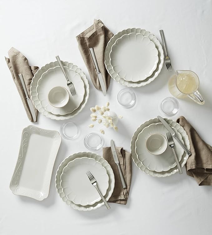 Lenox Dinnerware Sets, French Perle Scallop White 18-Piece Dinnerware Set, Service For 6, Stoneware Material, Dishwasher Safe, Microwave Safe, Bowls, Plates And Bowls, Dinner Dishes (White, 18 Piece)