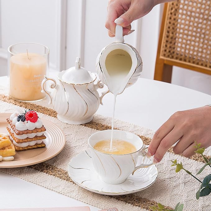 Agyiuns tea cups and saucers ceramic coffee mug 6oz for Coffee, Latte, Cafe Mocha and Tea-Set of 4, White