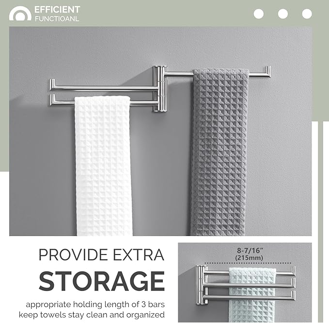 Angle Simple Swivel Hand Towel Holder 3 Bars Brushed Nickel, 304 Stainless Steel Hand Towel Rack for Bathroom Wall Mount