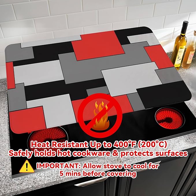 Decorative Stove Top Covers for Electric Stove 28"x20" – Heat Resistant Glass Cooktop Protector Dish Drying Mat – Non-Slip Rubber Backing Washer Top Cover Waterproof Extra Counter Space (Geometric)