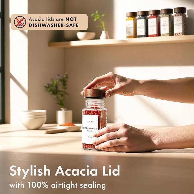 EDELHAUS® Square Spice Jars with Acacia Wooden Lid (Pack of 24) Spice Jars with Shaker Insert and 240 Labels - Acacia Lids Glass Container for Spice Organisation [4.3 in × 1.8 in]