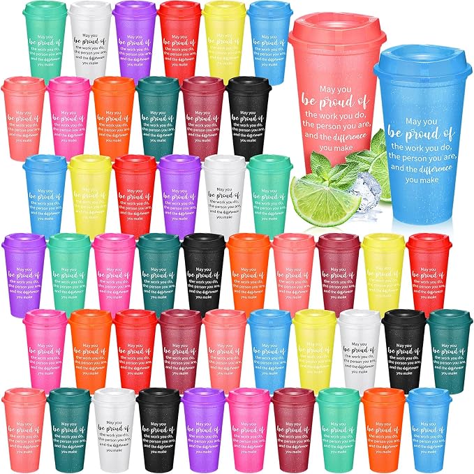 Skylety 48 Pcs Appreciation Tumblers Gifts Bulk 16 oz Thank You Teacher Employee Plastic Coffee Cups with Lids Colorful Reusable Inspirational Tumblers for Coworker Staff Christmas
