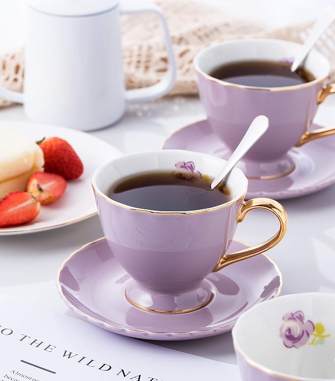 Jusalpha® Porcelain Tea Cup and Saucer Coffee Cup Set with Saucer and Spoon Set of 6 (FD-TCS02 purple (6), 7oz)