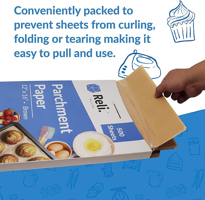 Reli. 500 Pcs Parchment Paper Sheets, Bulk | 12x16 in. | Brown Parchment Sheets, Baking Paper | Non-Stick, Pre-Cut Pan Liners | Brown | Disposable for Baking, Air Fryer, Grilling
