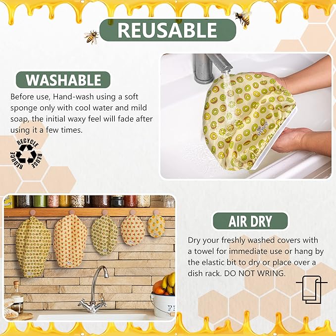 Beeswax Bowl Covers Set of 5 (XS–XL) – Reusable Elastic Food Covers for Bowls – Organic Cotton with Beeswax, Washable & Plastic-Free | Li’l Things- Fruity Fruit