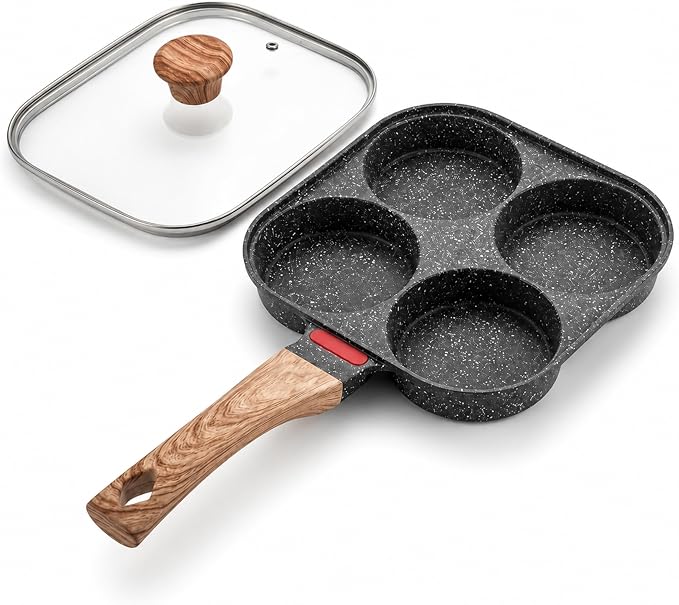 4-Cup Nonstick Egg Pan with Lid, Aluminum Multi-Section Frying Pan, Egg Cooker & Mini Pancake Maker for Breakfast, Pancakes & Omelets, Compatible with Gas & Induction Cooktops