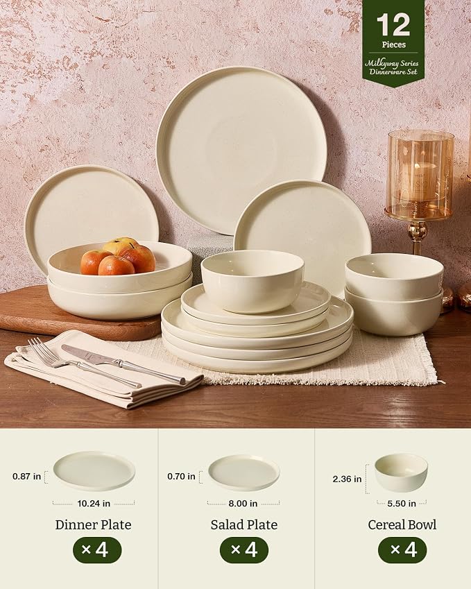Famiware Milkyway Stoneware Dinnerware Set, 12-Piece, Plates and Bowls for Everyday & Formal Dining, Service for 4, Microwave and Dishwasher Safe, Scratch-Resistan, Almond Milk