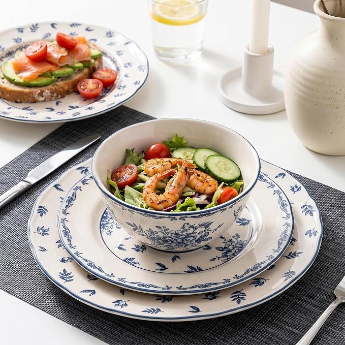 18-Piece Vintage Blue Floral Ceramic Dinnerware Set, Service for 6, Microwave & Oven Safe Plates and Bowls, Porcelain Dish Set for Family Meals