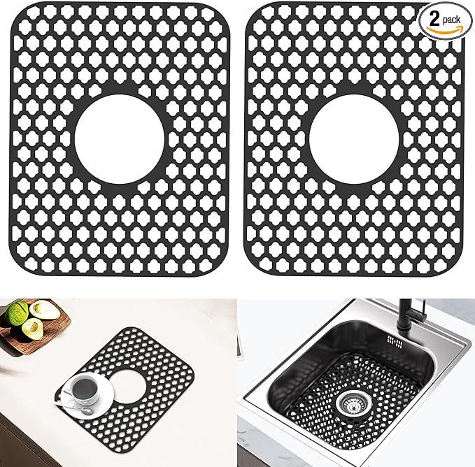 Silicone Sink Protector for Kitchen Bathroom Sink, 2 Pack 13.58"x 11.6" Heat-resistant Mat, Non-Slip and Durable Silicone Protectors, Center Drain (Black)
