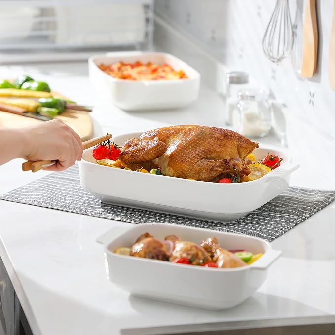 MALACASA Casserole Dishes for Oven, Ceramic Baking Dishes Set of 3, Rectangular Lasagna Pan Deep Baking Pans, Bakeware Sets with Handles Gift Set, White (13.8''/11.7''/9.4''), Series BAKE