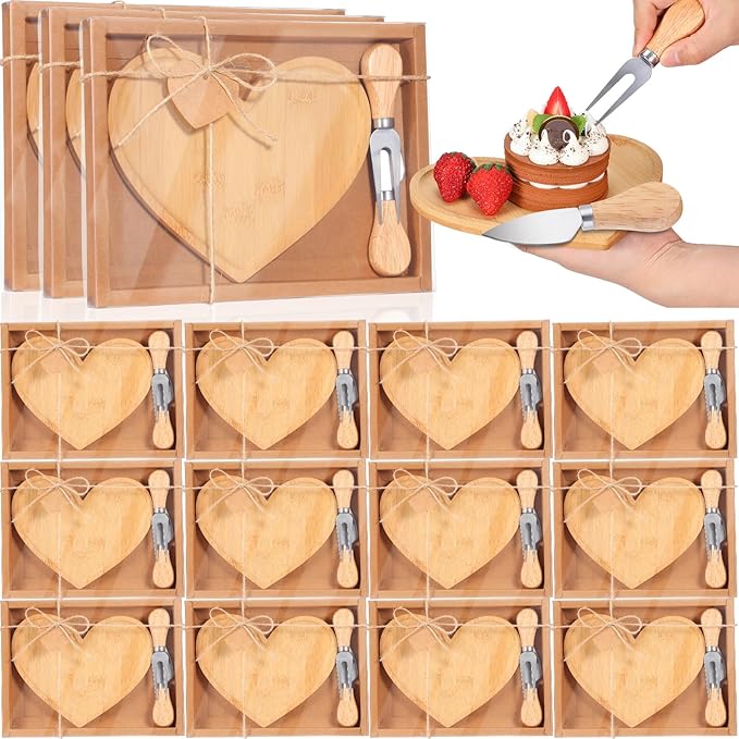 Nuogo 15 Set Bridal Shower Favors Heart Shaped Cheese Board Knife Fork Set Bamboo Heart Charcuterie Cutting Board with Thank You Tag and Boxes for Guests Gifts Wedding Baby Shower Valentine's Day